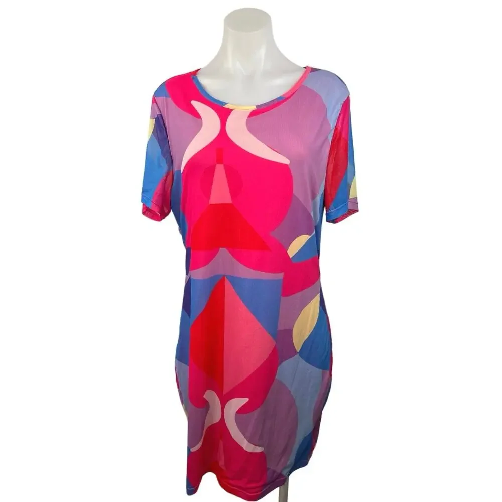 Shein Curve Women's Multi Short Sleeve Crew Neck Pullover A-Line Midi Dress 2XL